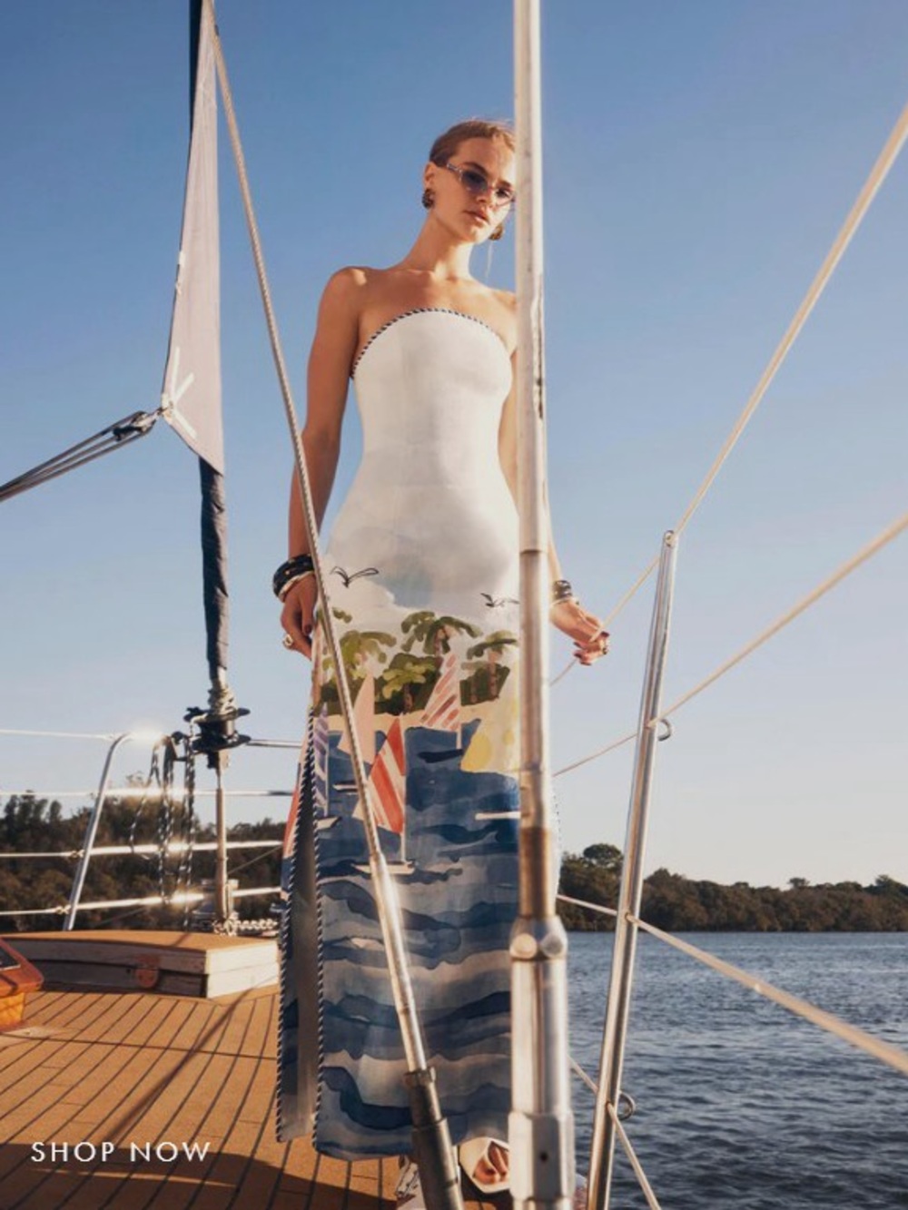 Leo Lin Sailing Ships Print Linen Ava Bustier Strapless Gown AU8/US4 NWT